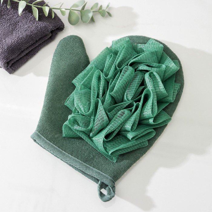Мочалка - варежка для тела массажная со скрабером Доляна «Афродита», 19×21 см, цвет зелёный - Фото 1