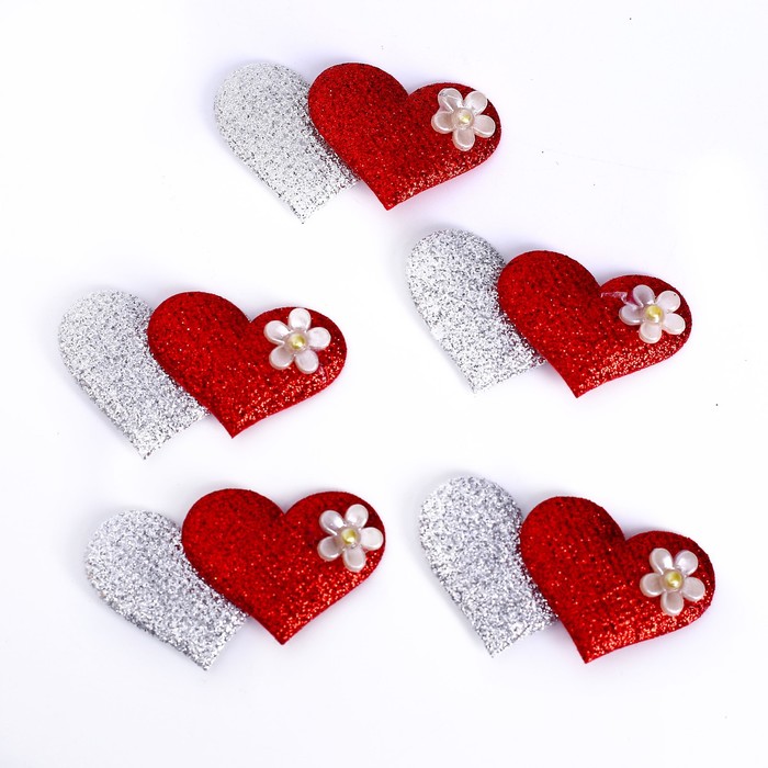 Сердечки декоративные, набор 5 шт., размер 1 шт: 5 × 3,5 см, цвет красно-серебряный 7532283