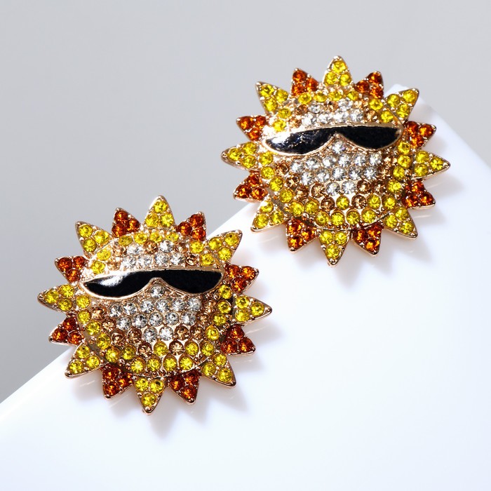 Серьги со стразами «Солнце», в очках, чёрно-жёлтые в золоте - Фото 1