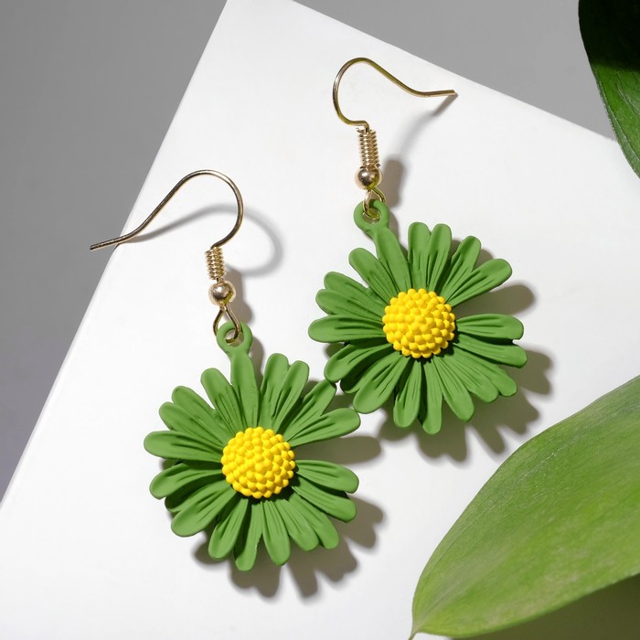 Серьги металл «Яркость» ромашки, цвет жёлто-зелёный - Фото 1