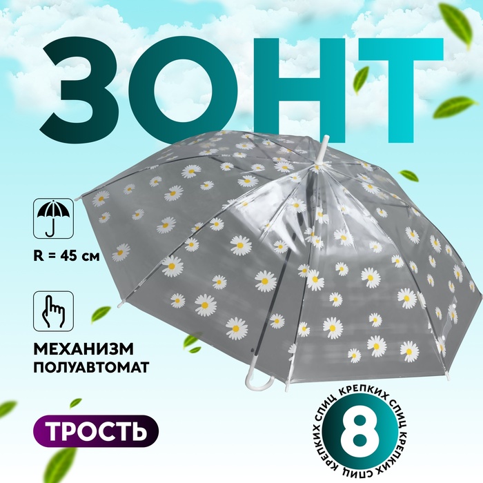 Зонт - трость полуавтоматический «Ромашка», 8 спиц, R = 47 см, цвет прозрачный/белый
