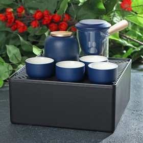 Набор для чайной церемонии керамический «Лотос», 6 предметов: 4 пиалы 50 мл, чайник 260 мл, банка для чая 220 мл, цвет синий