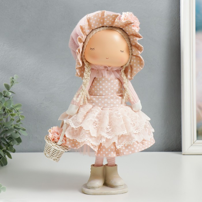 Кукла интерьерная &quot;Малышка в чепчике и платье в горох, с корзиной цветов&quot; 36х14х16 см