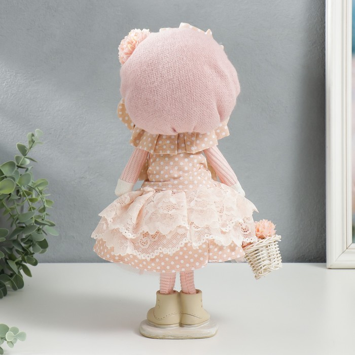 Кукла интерьерная "Малышка в чепчике и платье в горох, с корзиной цветов" 36х14х16 см - фото 1885369044