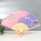 Веер бамбук, текстиль h=21 см "Бабочки в сакуре" сиренево-розовый, с кисточкой - Фото 1