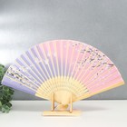 Веер бамбук, текстиль h=21 см "Бабочки в сакуре" сиренево-розовый, с кисточкой - Фото 2