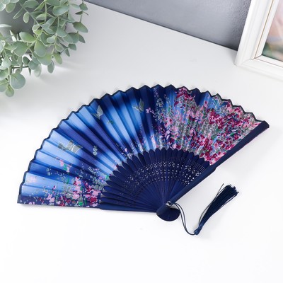 Веер складной h=21 см «Цветы и бабочки», синий, с кисточкой