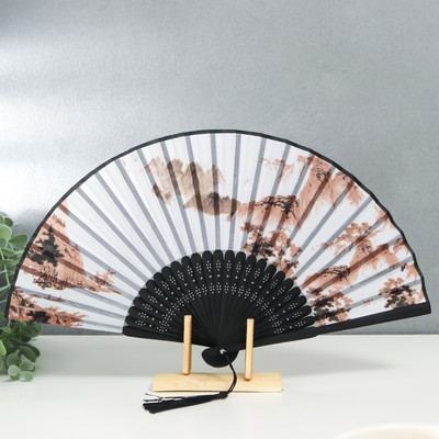 Веер складной h=21 см «Туманные горы», белый, с кисточкой