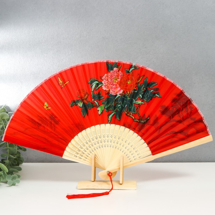 Веер бамбук, текстиль h=23 см "Веточка с розами" красный, с кисточкой - фото 1907436275