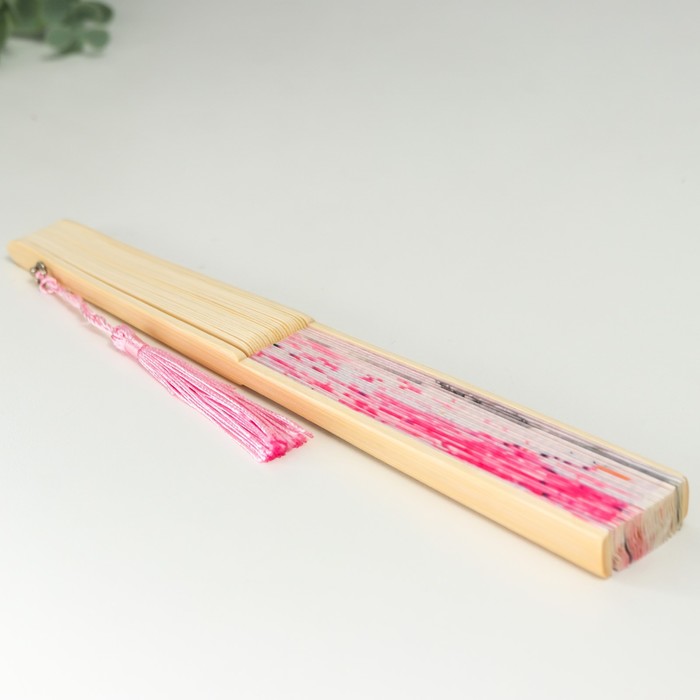 Веер бамбук, текстиль h=23 см "Лодочка под сакурой" розовый, с кисточкой - фото 1907436282