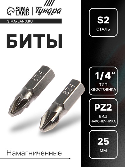 Биты ТУНДРА, намагниченные, сталь S2, PZ2 х 25 мм, 2 шт.