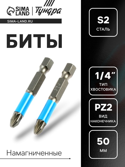 Биты ТУНДРА, намагниченные, сталь S2, PZ2 х 50 мм, 2 шт.