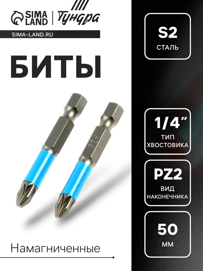 Биты ТУНДРА, намагниченные, сталь S2, PZ2×50 мм, 2 шт. - Фото 1