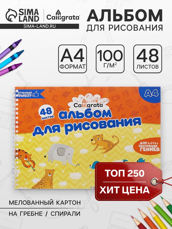 Альбом для рисования Calligrata А4, 48 листов на гребне, обложка мелованный картон, блок 100 г/м² - Фото 1