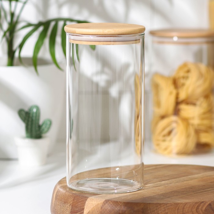 Банка стеклянная для сыпучих продуктов с бамбуковой крышкой Magistro «Эко», 1,3 л, 10×20,5 см - Фото 1
