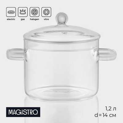 Кастрюля Magistro «Лия», 1.2 л, 14×16 см, жаропрочное стекло, прозрачная