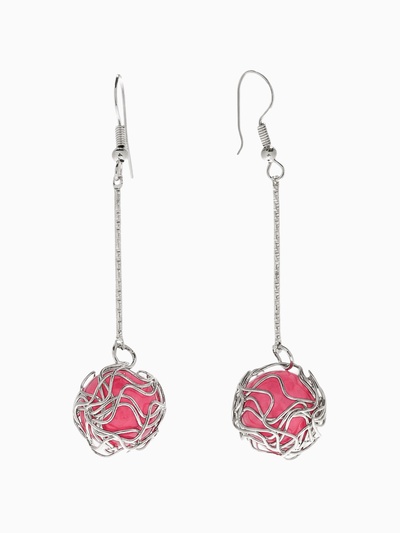 Серьги висячие «Шар плетеный», цвет розовый в серебре, 6.5 см