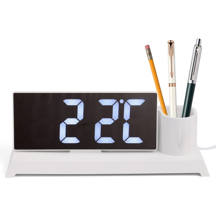 Часы настольные электронные, с карандашницей, белая индикация, 11 x 25 см, от USB - фото 4523057