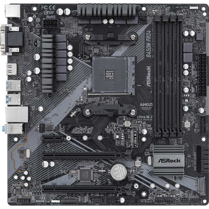 Материнская плата Asrock B450M PRO4 R2.0, AM4, B450, 4xDDR4, VGA, DVI, HDMI, mATX - фото 51489986