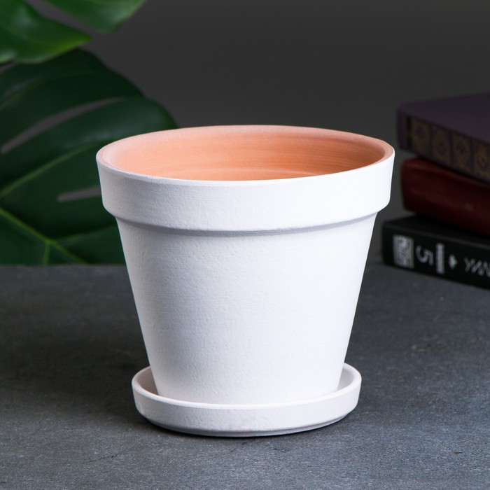 Горшок для цветов, 1.2 л, d=15 см, h=13 см, керамический, с поддоном, белый - Фото 1