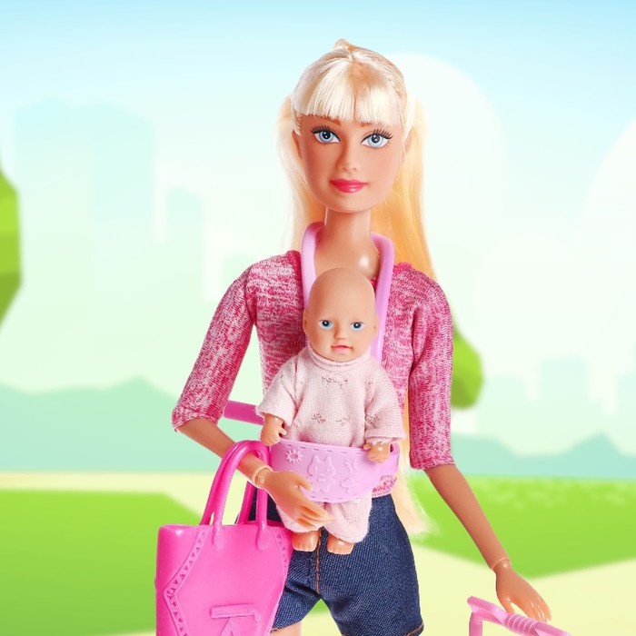 Кукла модель «Молодая мама», с пупсом, с аксессуарами, цвет розовый - фото 1908899571