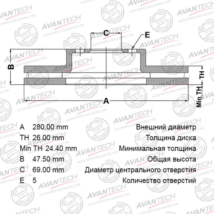 Диск тормозной AVANTECH (FR) Sportage II (04-09) - Фото 1