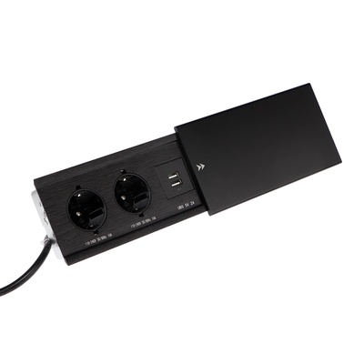 Блок розеточный в стол, сдвижная крышка, 10 А, 2 розетки, 2xUSB, 2A, провод 1.8 м, чёрный