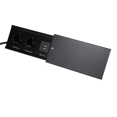 Блок розеточный в стол, сдвижная крышка, 10 А, 2 розетки, 2xUSB, 2A, провод 1.8 м, чёрный