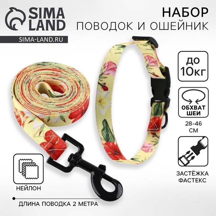Поводок 2 м и ошейник 28-46 см «Цветы», застёжка - фастекс - Фото 1
