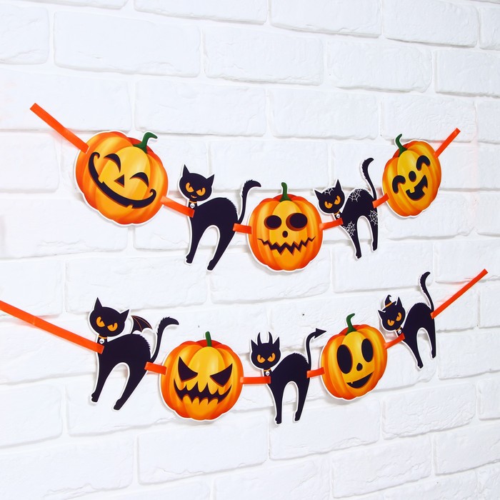 Гирлянда на ленте «Happy Halloween», кошки-тыквы, длина 250 см