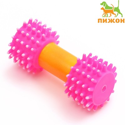 Игрушка для собак пищащая "Массажная гантель", 14 см, розовая/жёлтая
