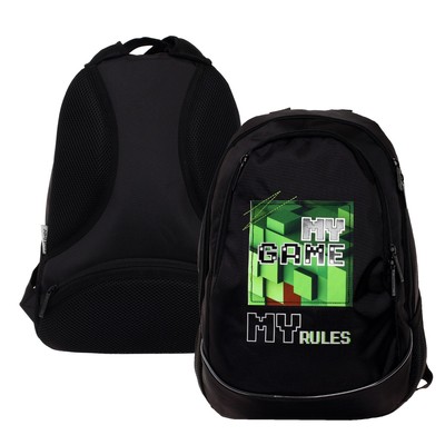 Рюкзак школьный 42 х 30 х 20 см, эргономичная спинка, Hatber Sreet, Pixels, чёрный/зелёный NRk_78121