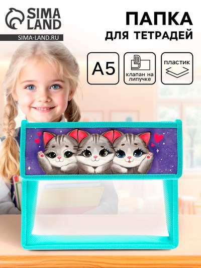 Папка для тетрадей, А5, пластиковая, 23×19×5 см «Котики»