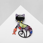 Брошь мультяшная «Кошка» с подвижной рыбой, цветная в чёрном металле - Фото 1