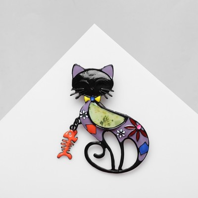 Брошь мультяшная «Кошка» с подвижной рыбой, цветная в чёрном металле