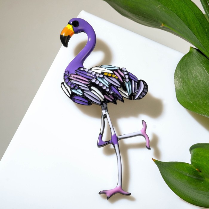 Брошь «Фламинго» со стразами, цвет фиолетовый в чёрном металле - Фото 1