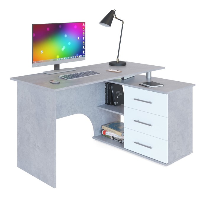 Компьютерный стол «КСТ-09», 1350×935×744 мм, угловой, угол правый, бетон/белый - Фото 1
