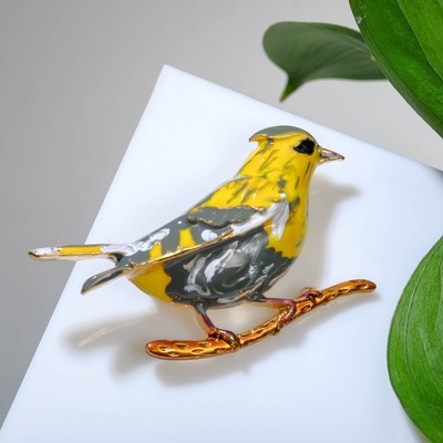 Брошь «Птица» жаворонок, серо-жёлтый в золоте
