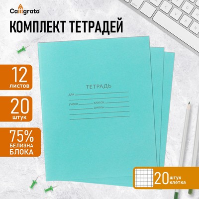 Набор тетрадей «Зелёная обложка» 20 штук, 12 листов в клетку, эконом, плотность 60 г/м²