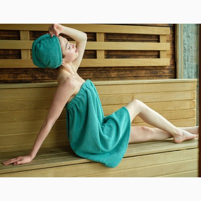 Набор для сауны «Экономь и Я», полотенце - парео 68×150 см, чалма, хлопок 100%, голубая трава