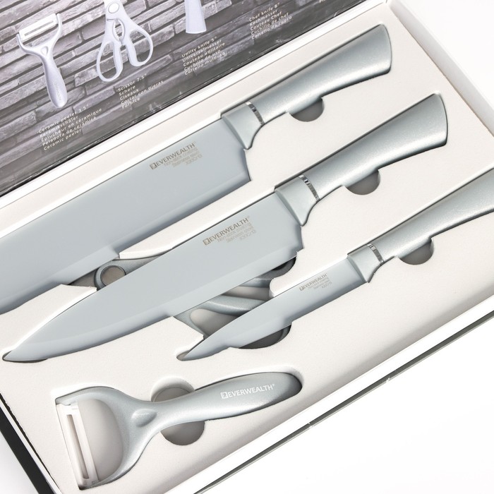 Набор кухонных принадлежностей Blades, 5 предметов: 3 ножа, овощечистка, ножницы в комплекте, цвет белый - фото 1926418720