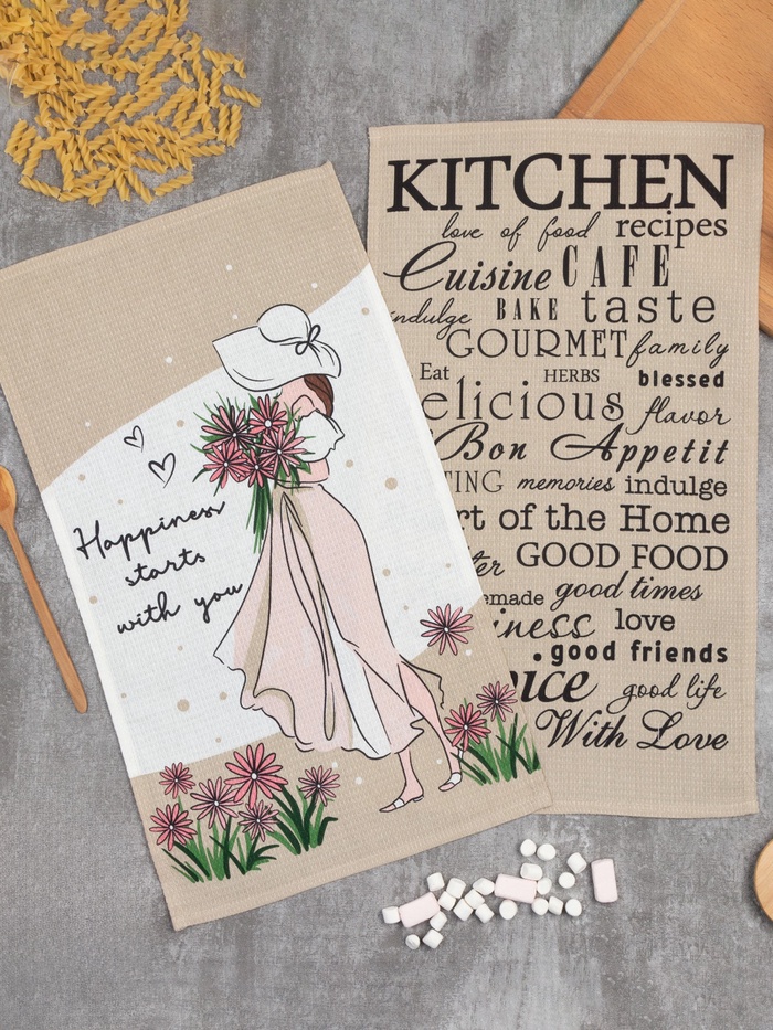 Набор кухонных полотенец Доляна Happiness, 35×60 см -2 шт., 100% хлопок, вафля 160 г/м² - Фото 1