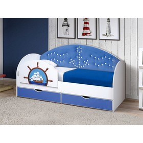 Кровать детская с мягкой спинкой и бортиком «Штурвал», 800 × 1600 мм, цвет белый / синий