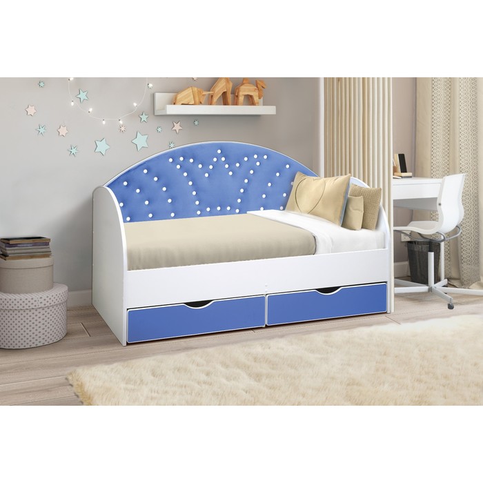 Кровать детская с мягкой спинкой «Корона №2», 800 × 1600 мм, без бортика, белый / синий - Фото 1