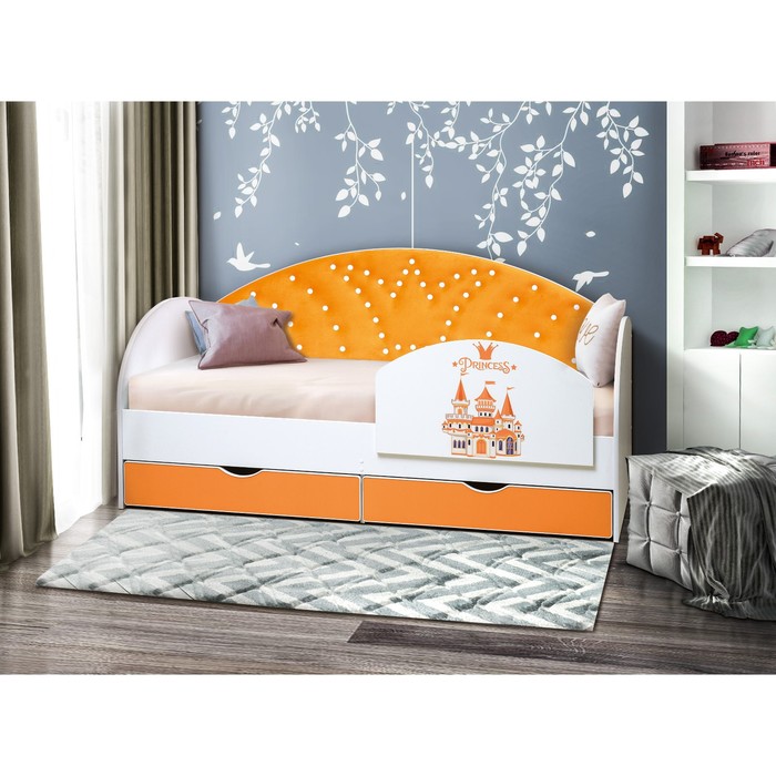 Кровать детская с мягкой спинкой «Корона №3», 800 × 1600 мм, без бортика, белый/оранжевый - фото 1927901780