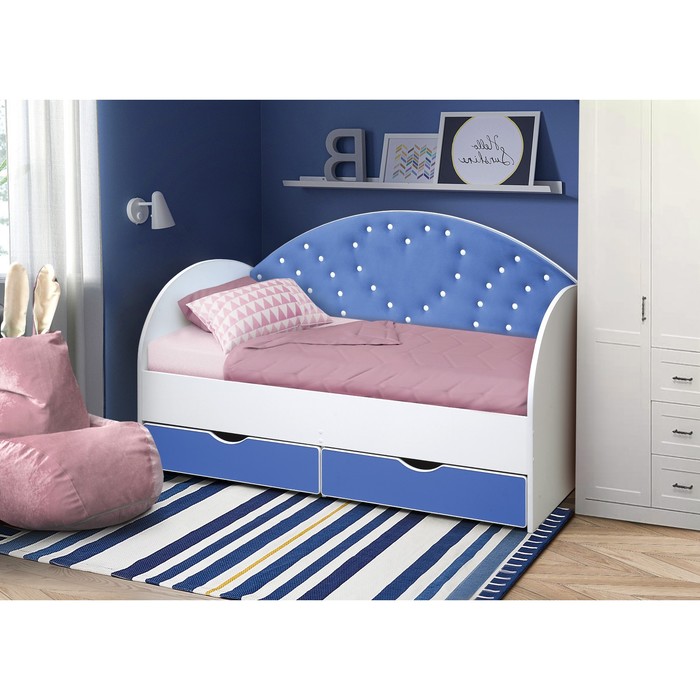 Кровать детская с мягкой спинкой «Сердце №2», 800 × 1600 мм, без бортика, белый / синий - Фото 1