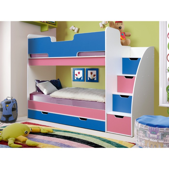 Кровать детская двухъярусная «Юниор 9», 800 × 1900 мм, цвет белый / синий / розовый - фото 1908904350