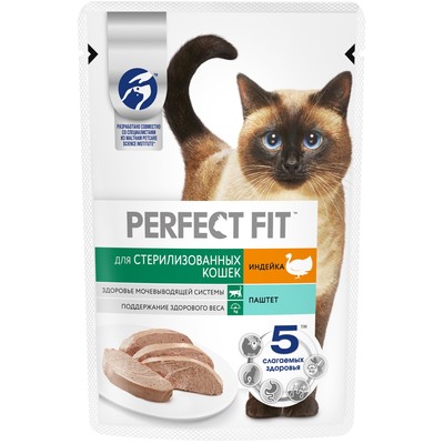 Влажный корм Perfect Fit для стерилизованных кошек, индейка/паштет, пауч, 75 г
