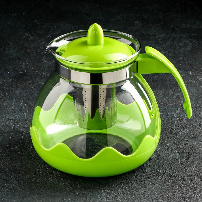 Чайник стеклянный заварочный Доляна «Волна», 1,5 л, с металлическим ситом, цвет зелёный - Фото 1