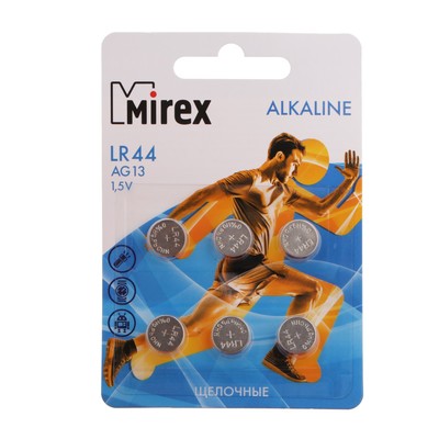 Батарейка алкалиновая Mirex, LR44, AG13, 1.5 В, блистер, 6 шт.